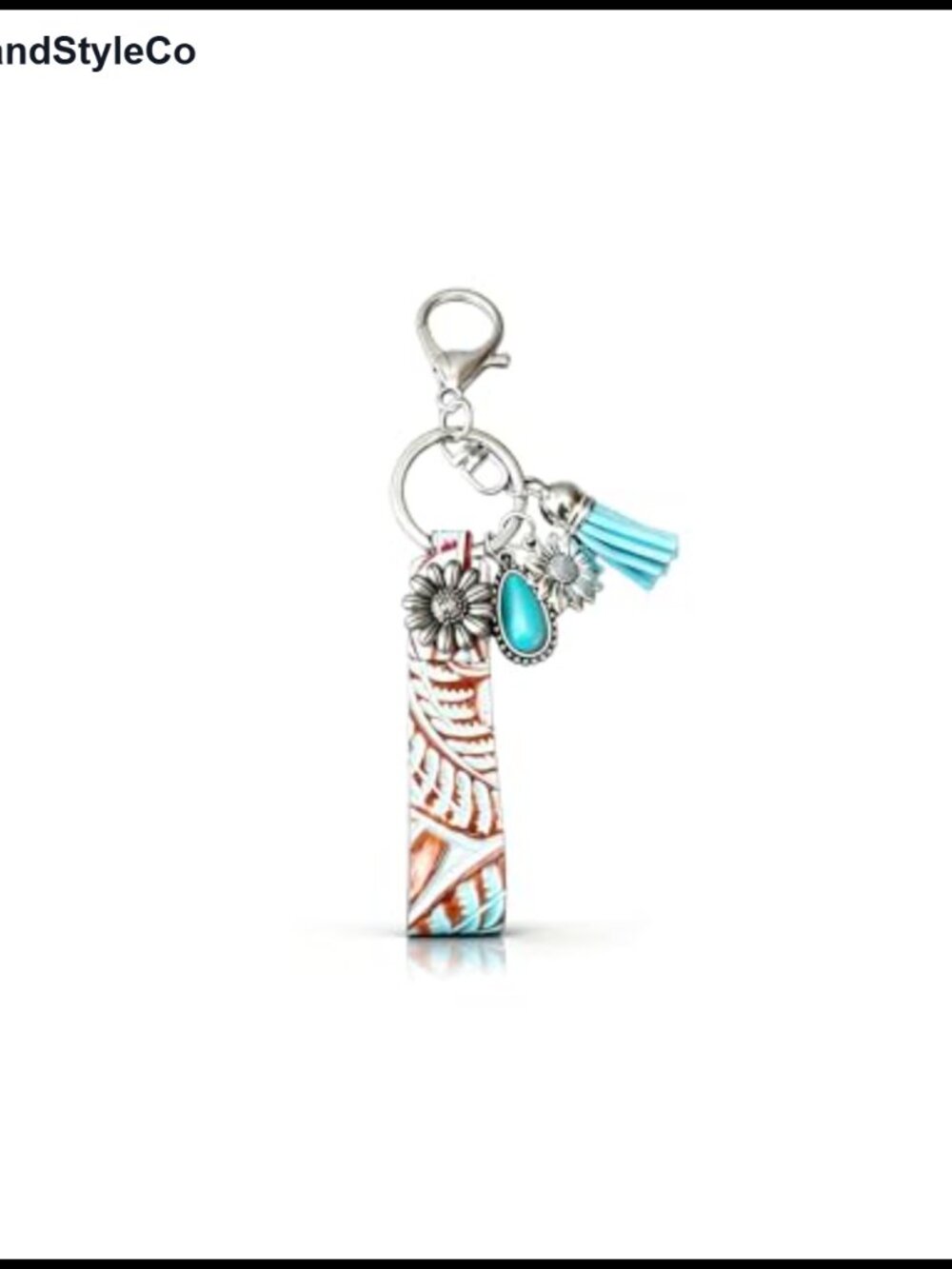 Western Tooled Leather Keychain Turquoise Floral Bag Charm Tassel Purse